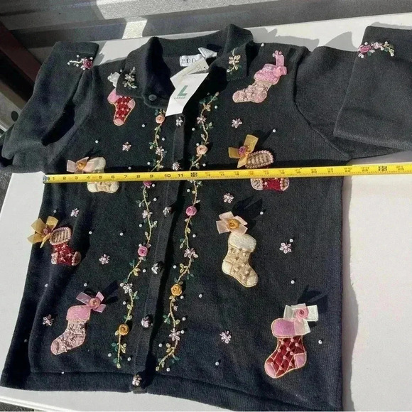 BP Design Cardigan Black Christmas Stockings Design Bead Collared Buttons Size L - Picture 8 of 12